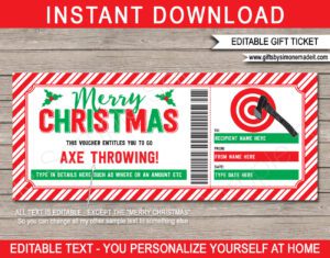 Printable Christmas Axe Throwing Gift Certificate Template | Gift Voucher Coupon Ticket | DIY Editable Text | INSTANT DOWNLOAD via giftsbysimonemadeit.com