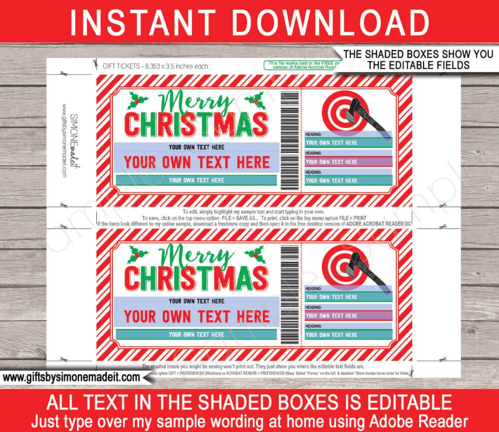 Printable Christmas Axe Throwing Gift Voucher Template | Gift Certificate Coupon Ticket | DIY Editable Ticket | INSTANT DOWNLOAD via giftsbysimonemadeit.com
