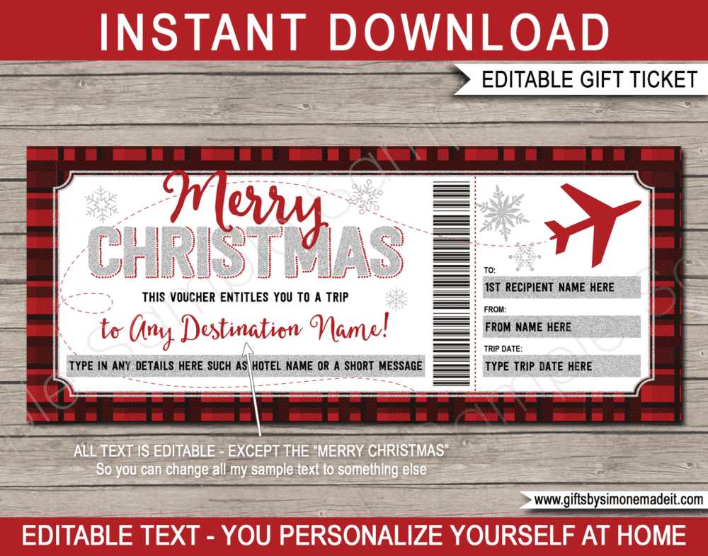 Printable Buffalo Plaid Christmas Flight Voucher Template | Gift Certificate | Fake Plane Ticket | Surprise Trip Reveal Gift Idea | INSTANT DOWNLOAD via giftsbysimonemadeit.com