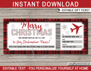 Printable Buffalo Plaid Christmas Flight Voucher Template | Gift Certificate | Fake Plane Ticket | Surprise Trip Reveal Gift Idea | INSTANT DOWNLOAD via giftsbysimonemadeit.com