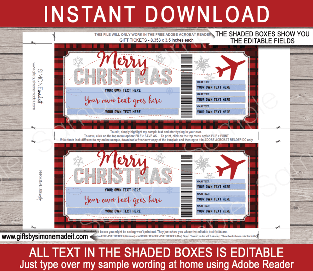 Printable Buffalo Plaid Christmas Flight Voucher Template | Gift Certificate | Fake Plane Ticket | Surprise Trip Reveal Gift Idea | INSTANT DOWNLOAD via giftsbysimonemadeit.com