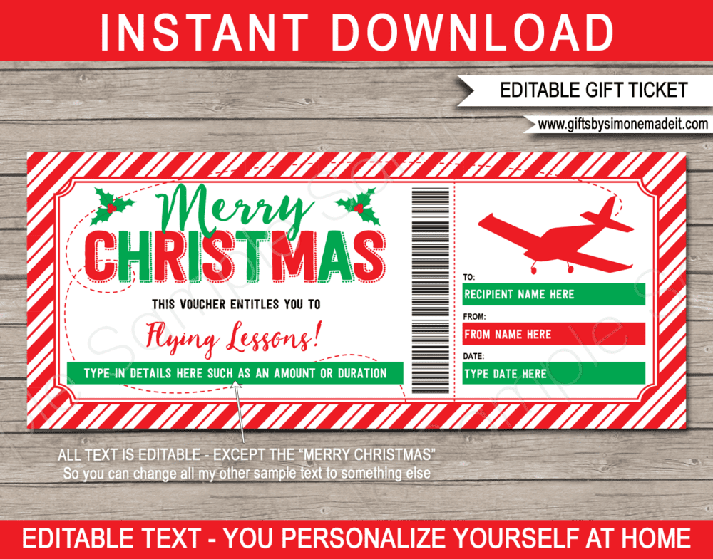 Christmas Flying Lessons Voucher Template | Pilot Training Gift Certificate Voucher Ticket Card ​| Discovery Flight | DIY Printable with Editable Text | INSTANT DOWNLOAD via giftsbysimonemadeit.com