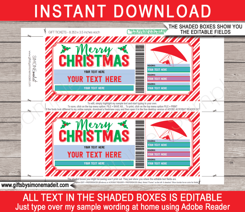 Christmas Hang Gliding Certificate Template | Printable Gift Voucher Coupon | DIY Editable Ticket | INSTANT DOWNLOAD via giftsbysimonemadeit.com