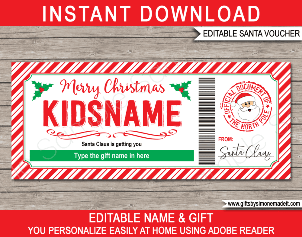 Santa Gift Certificate Template | Printable Christmas Gift Card | Personalized Custom Editable Christmas Gift Certificate for kids from Santa Claus | Instant Download via giftsbysimonemadeit.com