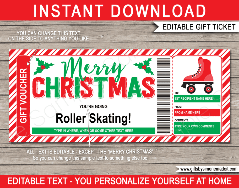 Christmas Roller Skating Ticket Template | Printable Gift Certificate, Voucher, Card with Editable Text | Gift Idea | INSTANT DOWNLOAD via giftsbysimonemadeit.com