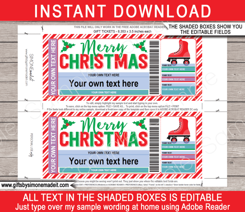 Christmas Roller Skating Ticket Template | Printable Gift Certificate, Voucher, Card with Editable Text | Gift Idea | INSTANT DOWNLOAD via giftsbysimonemadeit.com