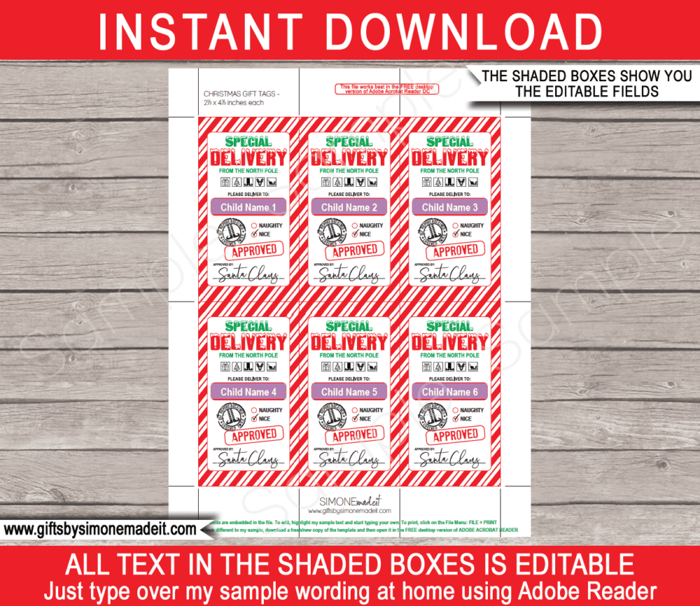 Santa Special Delivery Gift Tags Template | Printable Christmas Labels | Custom Stickers from Santa's Workshop in the North Pole | DIY Editable Text | INSTANT DOWNLOAD via giftsbysimonemadeit.com