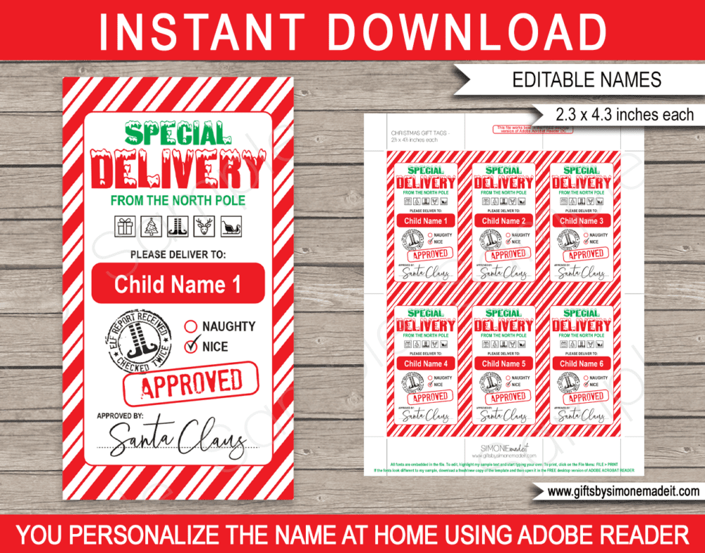 Santa Special Delivery Gift Tags Template | Printable Christmas Labels | Custom Stickers from Santa's Workshop in the North Pole | DIY Editable Text | INSTANT DOWNLOAD via giftsbysimonemadeit.com