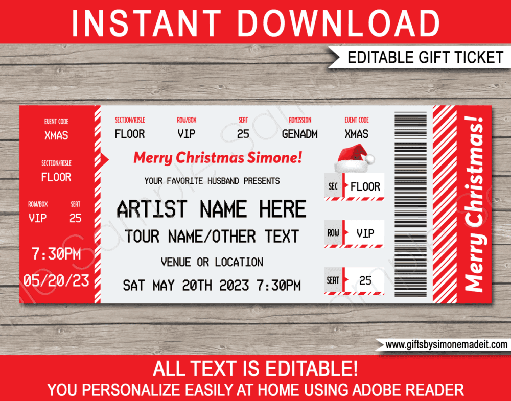 Printable Christmas Ticketmaster Ticket Template | Surprise Concert Gift Card Voucher, Certificate | Concert, Band, Show, Music Festival, Performance, Artist, Performance or Movie | Faux or Fake Concert Ticket | Instant Download via giftsbysimonemadeit.com