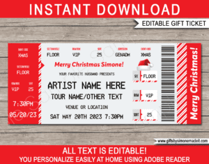 Printable Christmas Ticketmaster Ticket Template | Surprise Concert Gift Card Voucher, Certificate | Concert, Band, Show, Music Festival, Performance, Artist, Performance or Movie | Faux or Fake Concert Ticket | Instant Download via giftsbysimonemadeit.com
