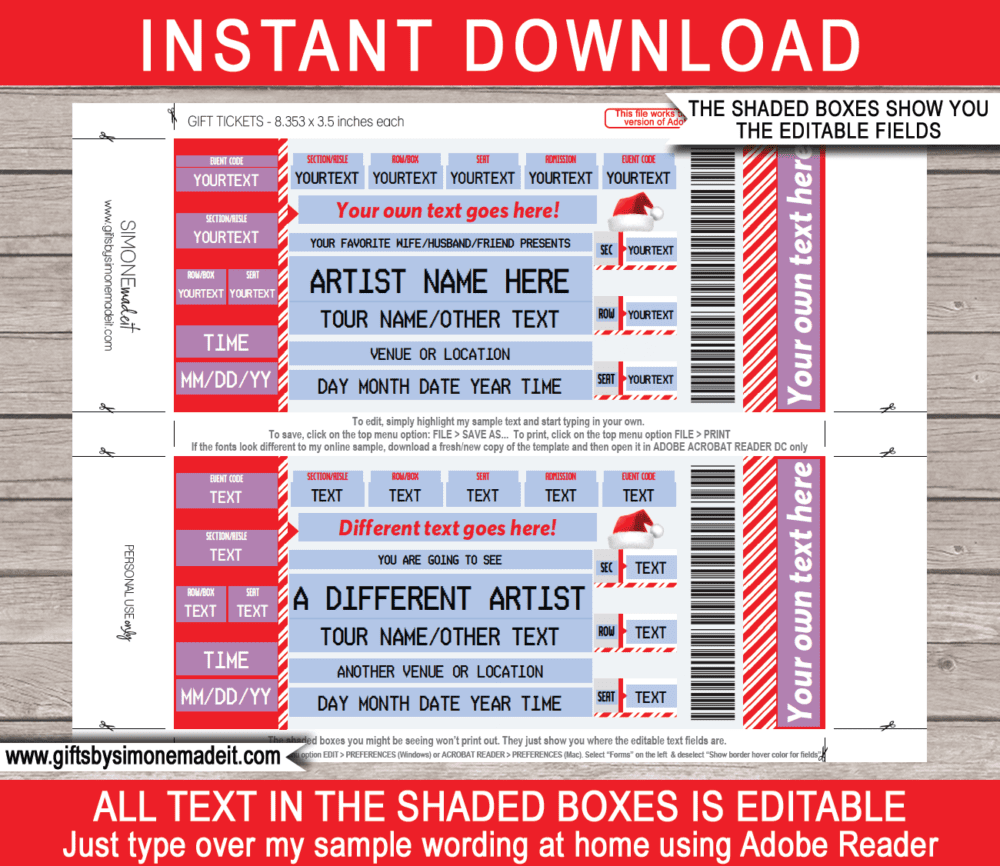 Printable Christmas Ticketmaster Ticket Template | Surprise Concert Gift Card Voucher, Certificate | Concert, Band, Show, Music Festival, Performance, Artist, Performance or Movie | Faux or Fake Concert Ticket | Instant Download via giftsbysimonemadeit.com