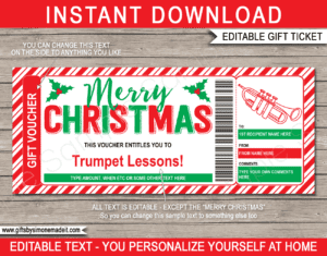 Christmas Trumpet Lessons Voucher Template | Printable Gift Certificate Card | DIY Printable with Editable Text | INSTANT DOWNLOAD via giftsbysimonemadeit.com