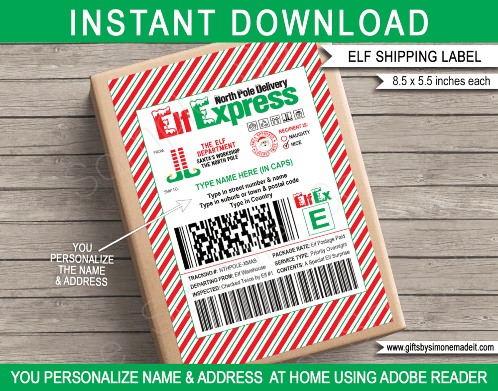 Elf Shipping Labels Template | Elf on the Shelf Arrival Package Kit | Large Printable North Pole Gift Tags | Name & Address Labels | Large Christmas Tags | North Pole Post Office | Santa's Workshop | DIY Custom Editable Text | INSTANT DOWNLOAD via giftsbysimonemadeit.com