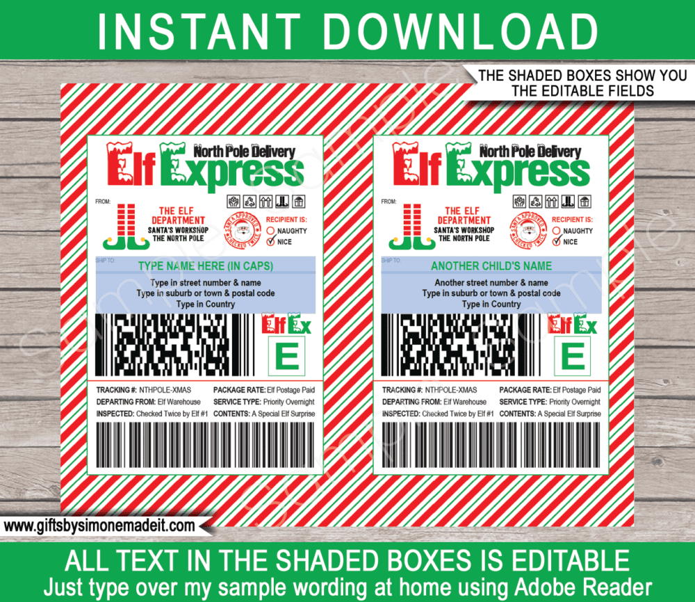 Elf Shipping Labels Template | Elf on the Shelf Arrival Package | Large Printable North Pole Gift Tags | Name & Address Labels | Large Christmas Tags | North Pole Post Office | Santa's Workshop | DIY Custom Editable Text | INSTANT DOWNLOAD via giftsbysimonemadeit.com