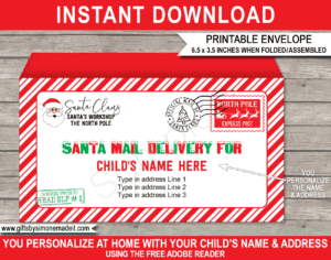 Printable Santa Envelope Template | North Pole Post | Christmas Mail | Santa's Workshop | Personalized Christmas Gift | DIY Editable Text | Last Minute gift | Kids and Family | Instant Download via giftsbysimonemadeit.com
