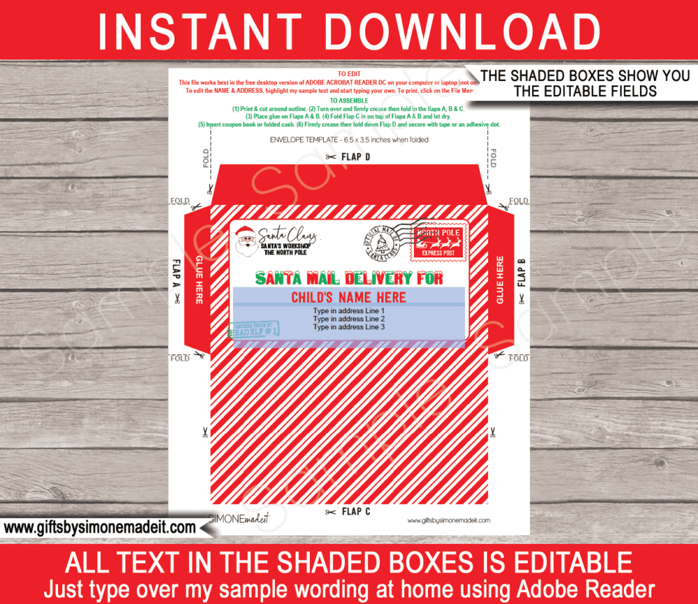 Printable Santa Envelope Template | North Pole Post | Christmas Mail | Santa's Workshop | Personalized Christmas Gift | DIY Editable Text | Last Minute gift | Kids and Family | Instant Download via giftsbysimonemadeit.com