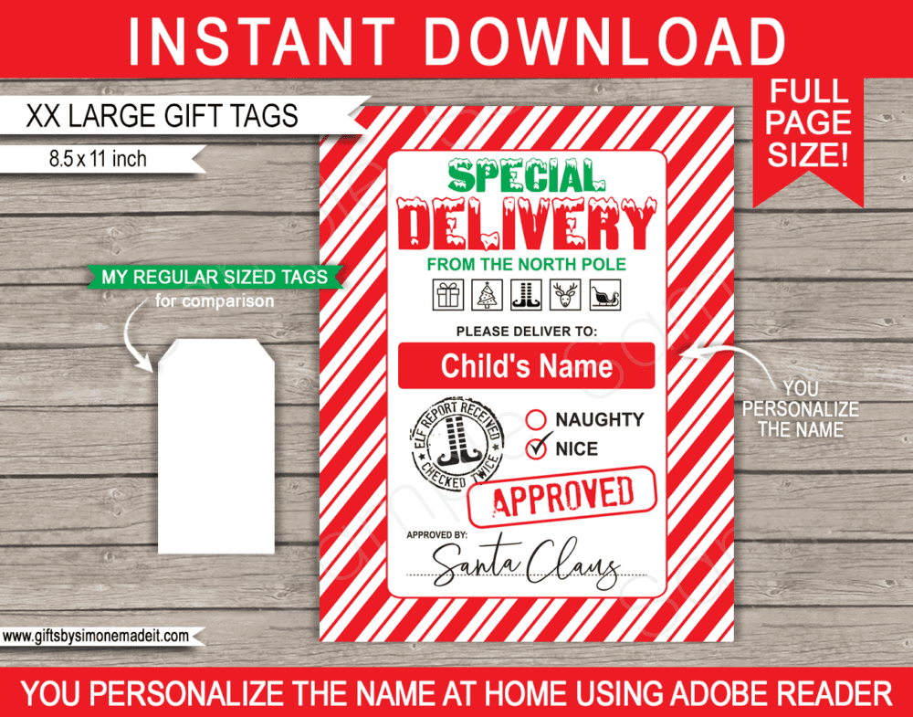 Extra Large Santa Gift Tag Template | Printable Christmas Gift Label | Santa's Workshop North Pole | Special Delivery Gift from Santa Claus | DIY Custom Editable Text | INSTANT DOWNLOAD via giftsbysimonemadeit.com