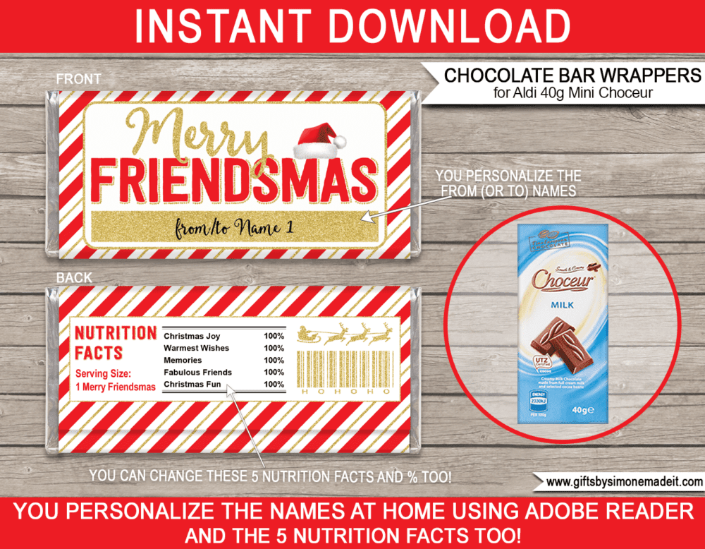 Friendsmas Chocolate Bar Wrappers Template | Printable Aldi 40g Mini Choceur Label | Easy Gift Idea for Friends this Christmas | DIY with Editable Text | INSTANT DOWNLOAD via giftsbysimonemadeit.com
