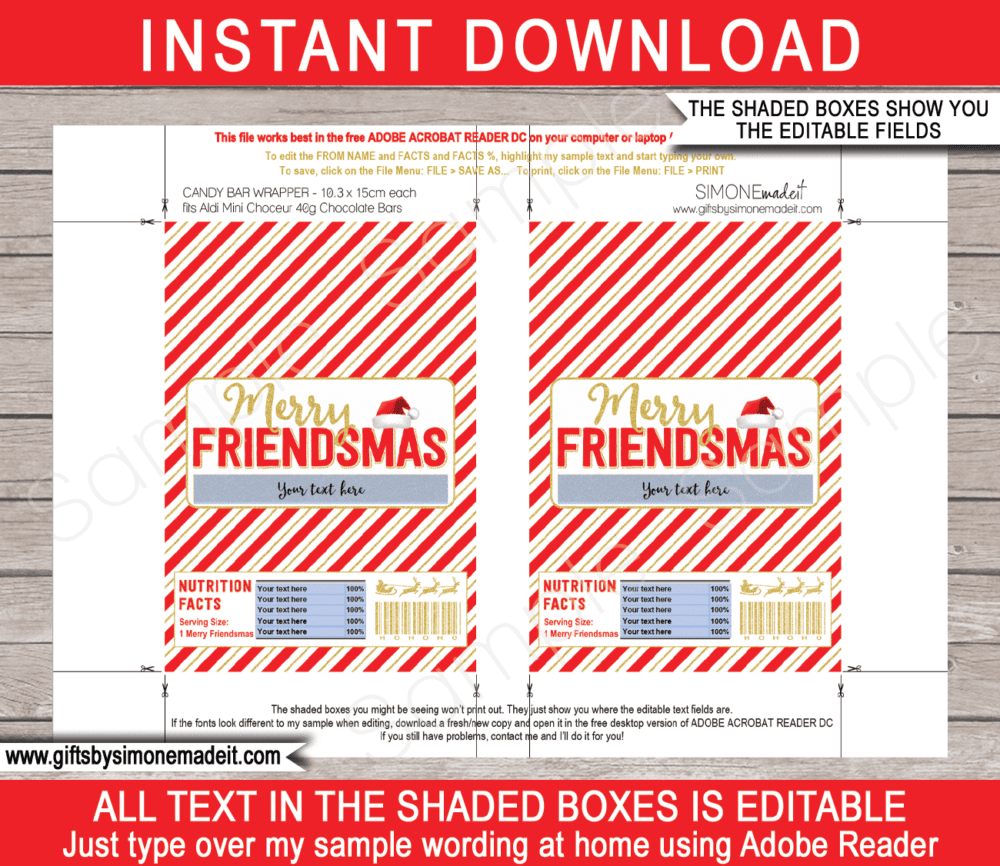 Friendsmas Chocolate Bar Wrappers Template | Printable Aldi 40g Mini Choceur Label | Easy Gift Idea for Friends this Christmas | DIY with Editable Text | INSTANT DOWNLOAD via giftsbysimonemadeit.com