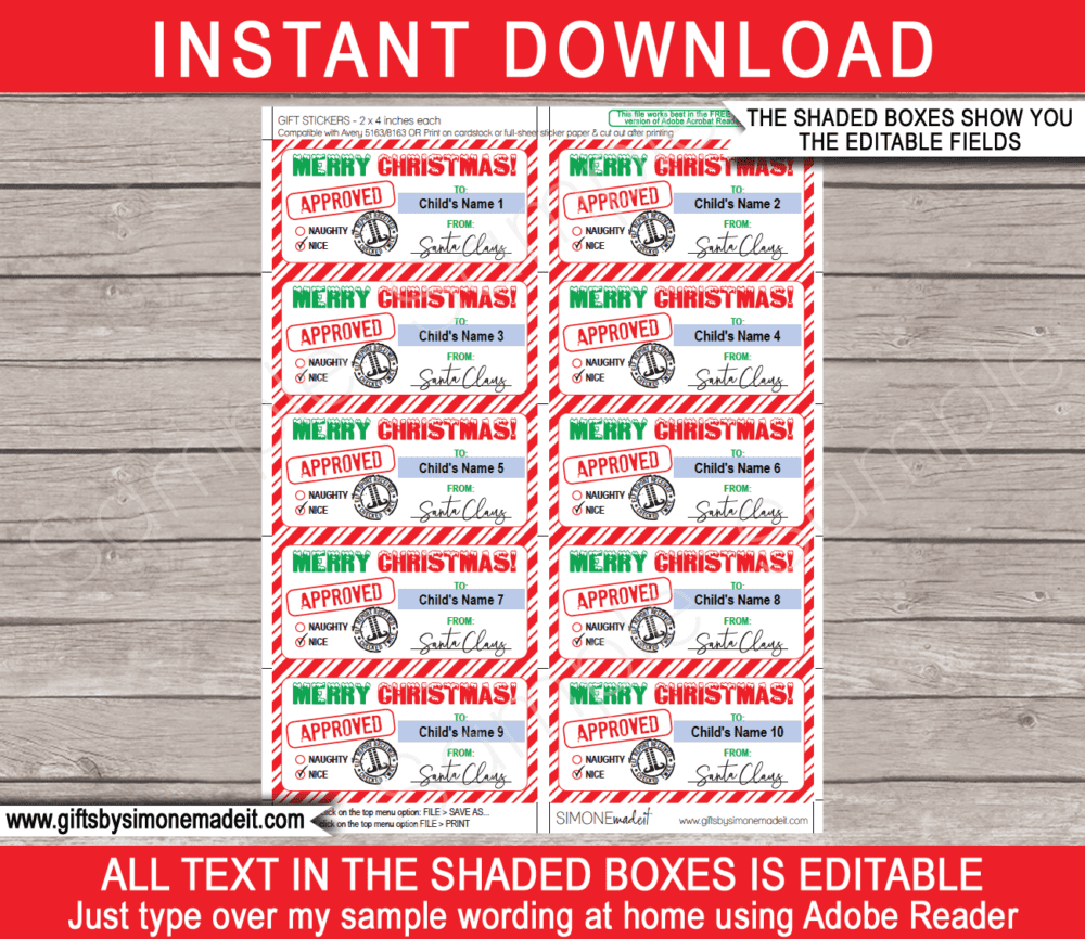 Printable From Santa Gift Tags Template | Editable Christmas Gift Labels Stickers from Santa's Workshop from in the North Pole | INSTANT DOWNLOAD via giftsbysimonemadeit.com