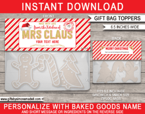 Christmas Baked Goods Gift Tags Template | Printable Bag Toppers | From the Kitchen of Mrs Claus | Stocking Stuffers | Custom Homemade Baking Treats Gift Labels | Last Minute Idea | fits ZIPLOC Sandwich & Snack sizes | INSTANT DOWNLOAD via giftsbysimonemadeit.com