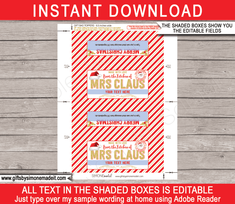 Christmas Baked Goods Gift Tags Template | Printable Bag Toppers | From the Kitchen of Mrs Claus | Custom Homemade Baking Treats Gift Labels | Last Minute Idea | fits ZIPLOC Sandwich & Snack sizes | INSTANT DOWNLOAD via giftsbysimonemadeit.com