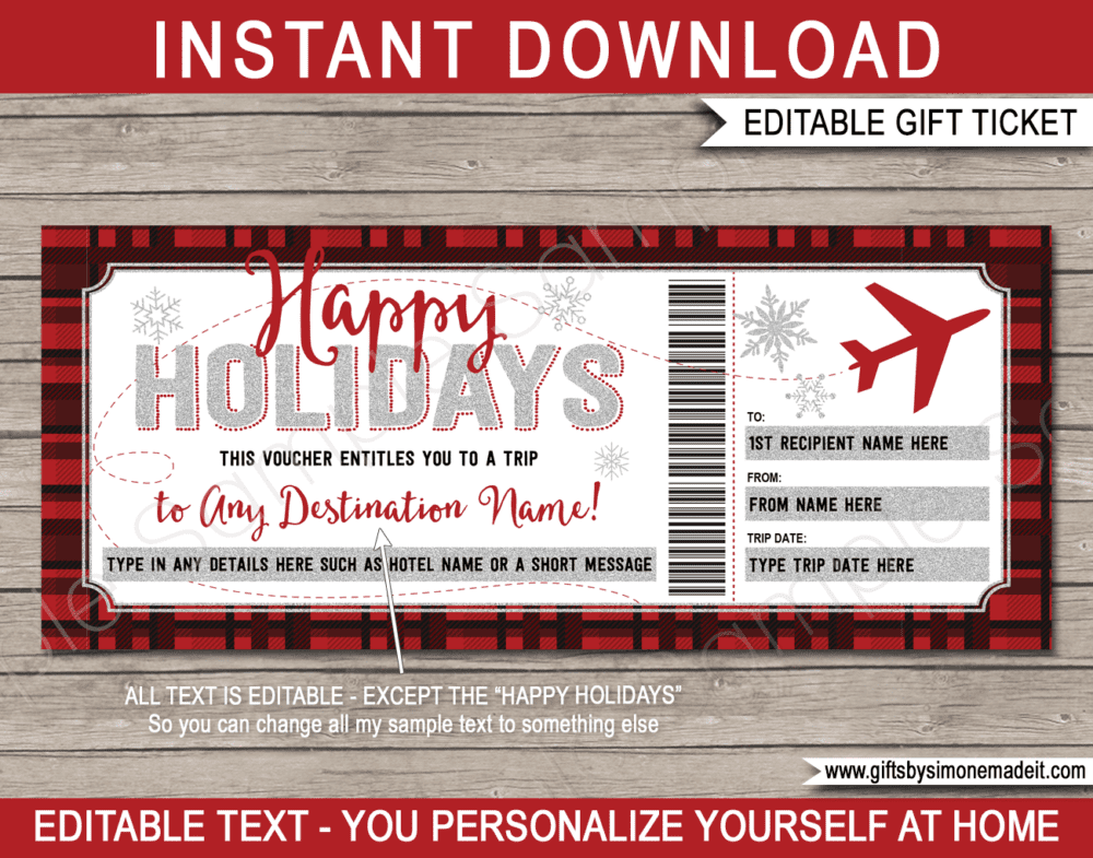 Holiday Boarding Pass Template | Winter Buffalo Plaid Flight Voucher | Fake Plane Ticket | Surprise Trip Reveal Gift Idea | INSTANT DOWNLOAD via giftsbysimonemadeit.com
