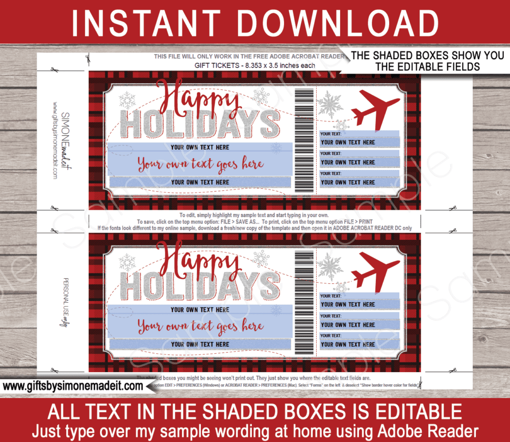 Holiday Boarding Pass Template | Buffalo Plaid | Fake Plane Ticket | Surprise Trip Reveal Gift Idea | INSTANT DOWNLOAD via giftsbysimonemadeit.com