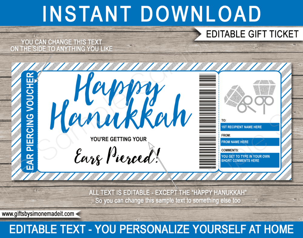 Hanukkah Ear Piercing Certificate Template | Printable Gift Card Voucher Ticket | Gift Idea for Tween or Teenage Daughter | DIY with Editable Text | INSTANT DOWNLOAD via giftsbysimonemadeit.com