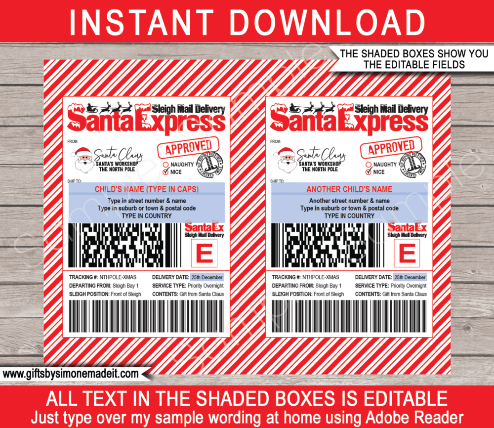 Santa Shipping Labels Template | Christmas Gift Name & Address Tags from Santa | Printable North Pole Post Stickers | Sleigh Mail | | North Pole Post Office | Santa's Workshop | DIY Custom Editable Text | INSTANT DOWNLOAD via giftsbysimonemadeit.com