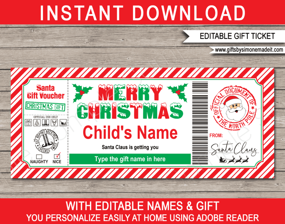 Gift Voucher from Santa Template | Printable Christmas Gift Card | Personalized Custom Santa Claus Gift Certificate | Instant Download via giftsbysimonemadeit.com