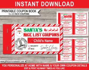 Printable Santa Coupon Book Template | Santa's Nice List | Personalized Christmas Coupons | Stocking Stuffer | Instant Download via giftsbysimonemadeit.com