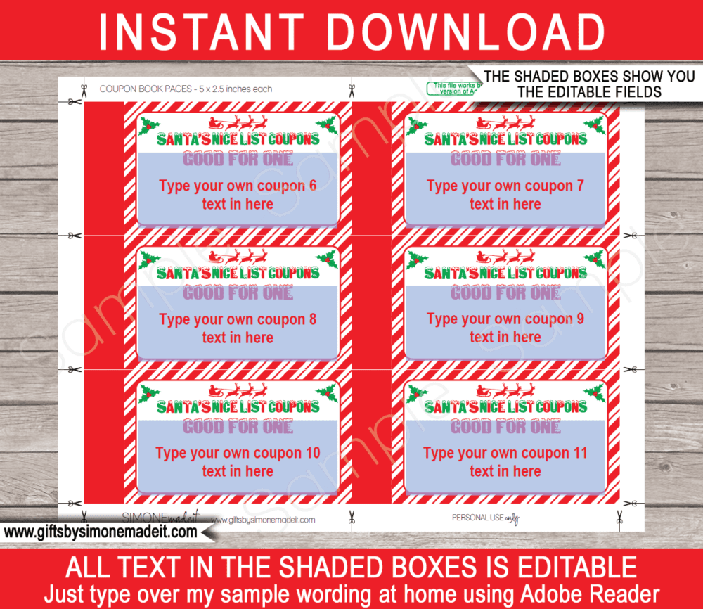 Printable Santa Coupon Book Template | Santa's Nice List | Personalized Christmas Coupons | Stocking Stuffer | Instant Download via giftsbysimonemadeit.com