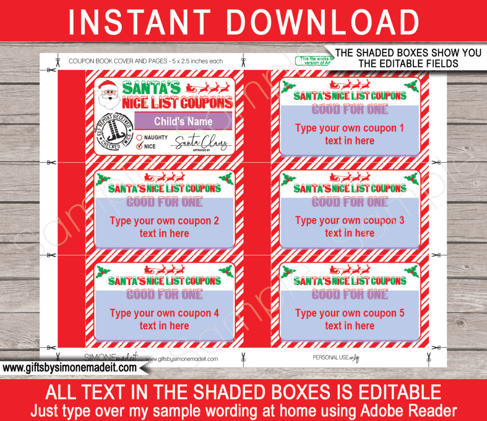 Printable Santa Coupon Book Template | Santa's Nice List | Personalized Christmas Coupons | Stocking Stuffer | Instant Download via giftsbysimonemadeit.com