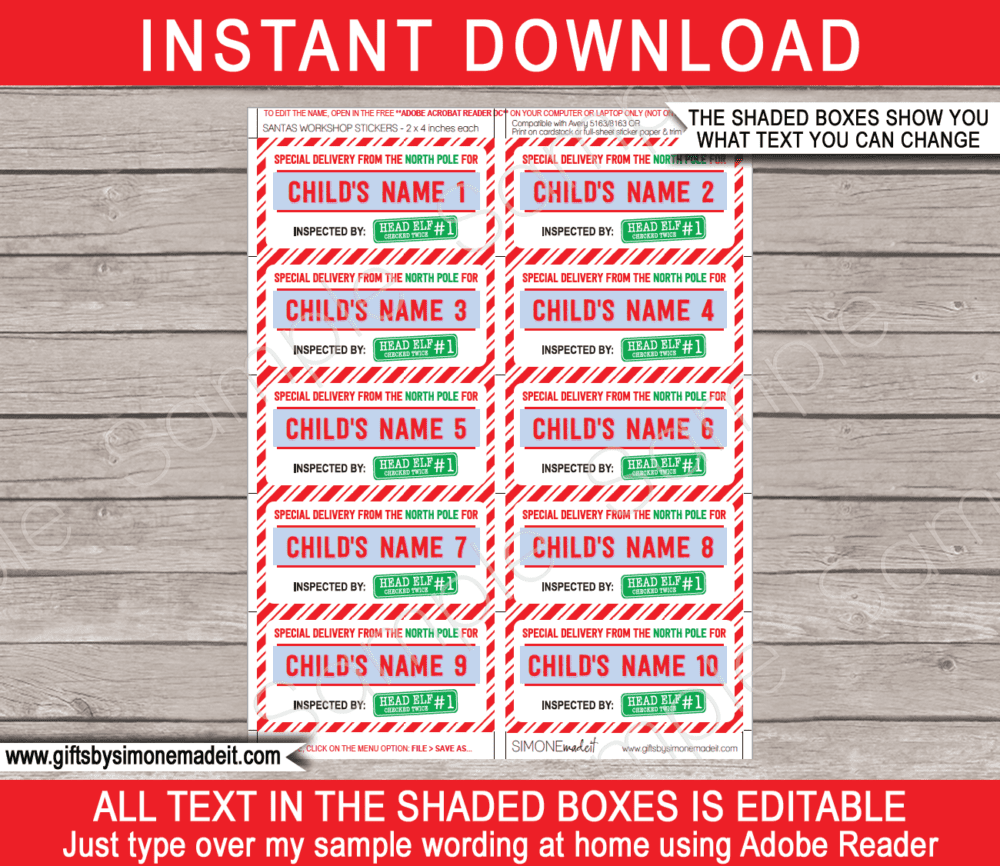Inspected by Elf Gift Labels Template | Printable Santa Gift Stickers | Gift Tags from Santa's Workshop from the North Pole | DIY Editable Text | INSTANT DOWNLOAD via giftsbysimonemadeit.com