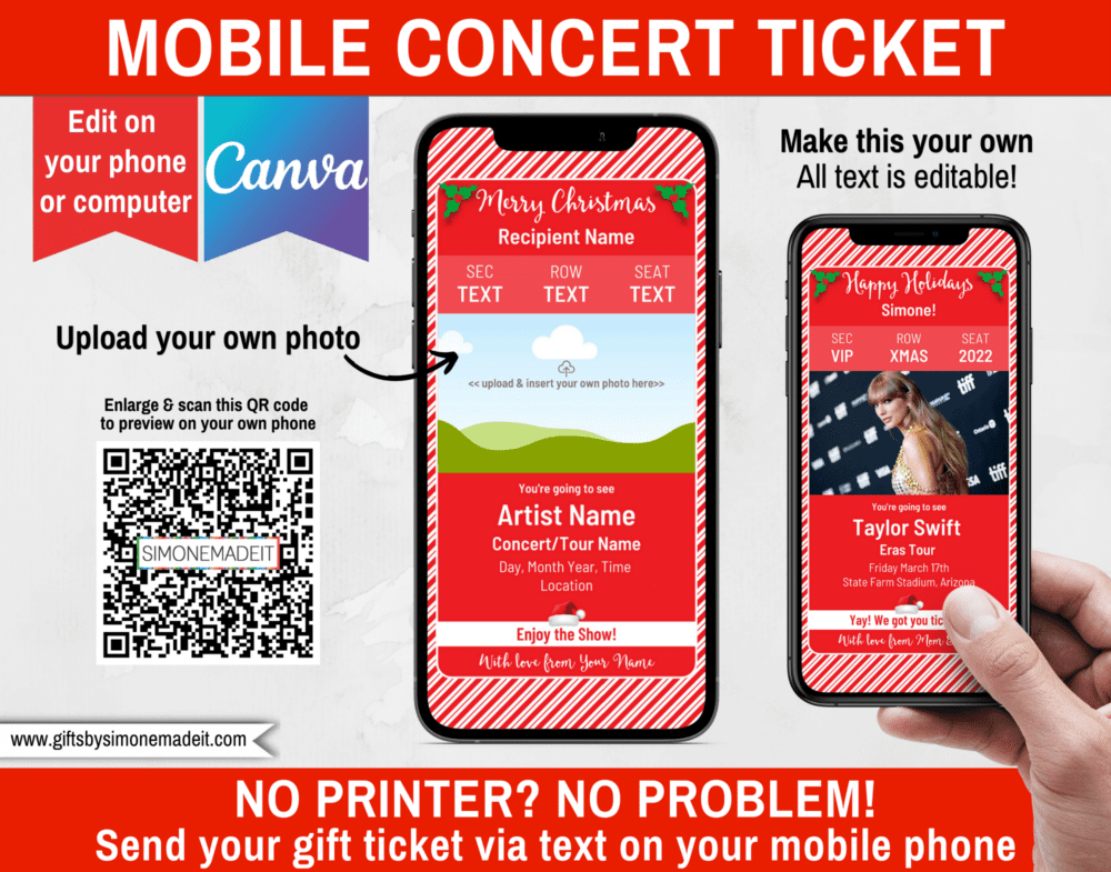 Mobile Christmas Concert Ticket Template | Text Message Gift Ticket | Instant Download | Digital Last Minute Gift Idea | Ticketmaster Gift Certificate Coupon | via giftsbysimonemadeit.com