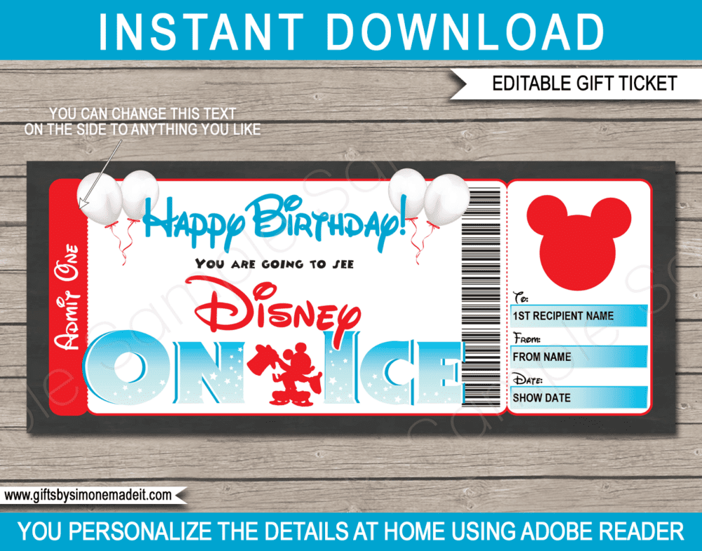 Birthday Disney on Ice Ticket Template | Gift Certificate | Gift Voucher | DIY Editable Text | Surprise Last Minute Birthday Gift for kids | INSTANT DOWNLOAD via giftsbysimonemadeit.com