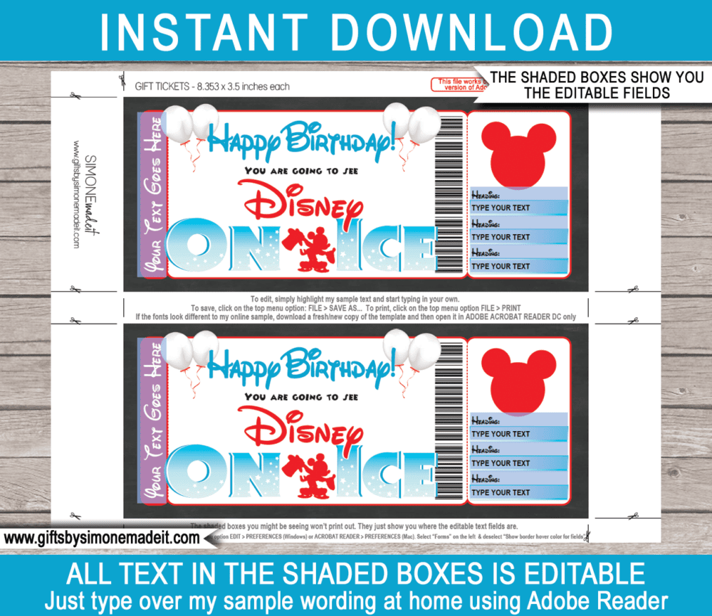 Birthday Disney on Ice Ticket Template | Gift Certificate | Gift Voucher | DIY Editable Text | Surprise Last Minute Birthday Gift for kids | INSTANT DOWNLOAD via giftsbysimonemadeit.com