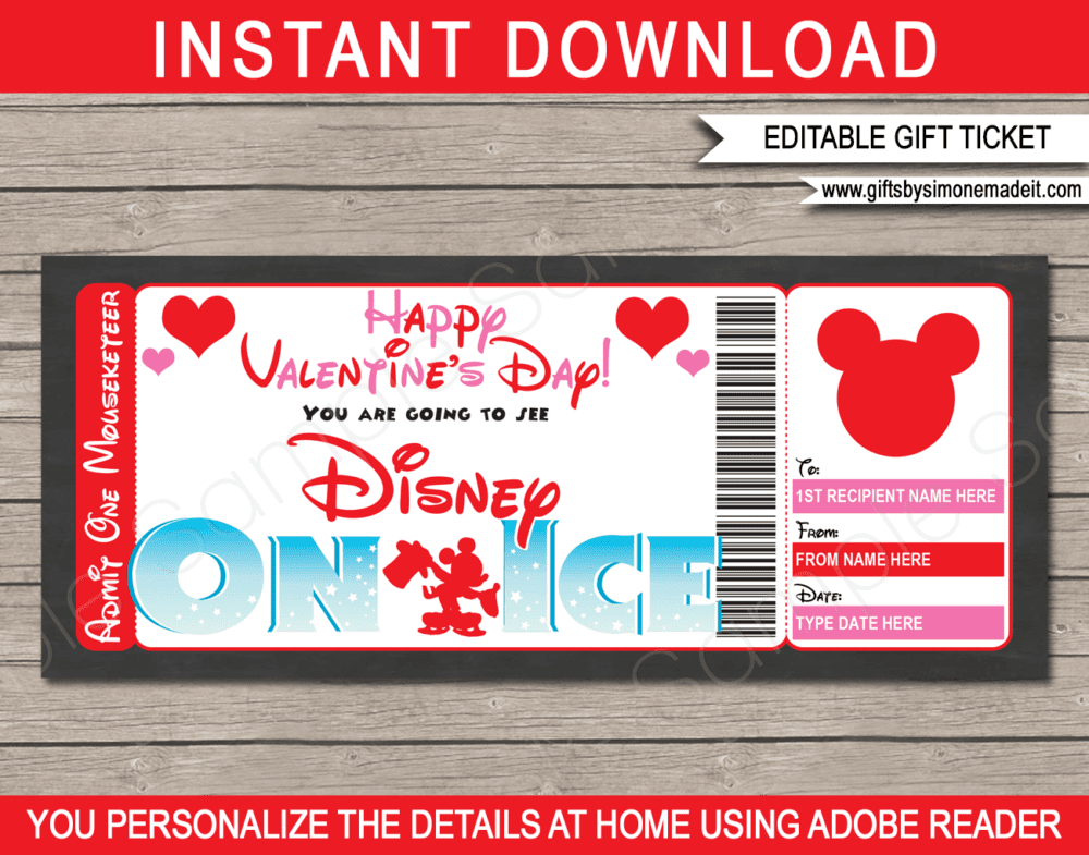 Valentines Day Disney on Ice Gift Ticket Template | Gift Voucher | DIY Editable Text | Surprise Last Minute Valentine's Day Gift for kids | INSTANT DOWNLOAD via giftsbysimonemadeit.com