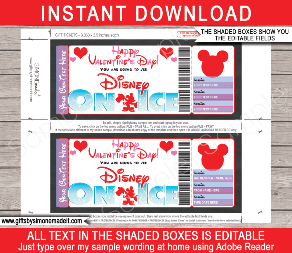 Valentines Day Disney on Ice Gift Ticket Template | Gift Voucher | DIY Editable Text | Surprise Last Minute Valentine's Day Gift for kids | INSTANT DOWNLOAD via giftsbysimonemadeit.com