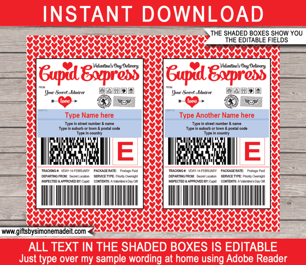 Printable Valentine Labels from a Secret Admirer | Personalized Gift Tags Template | FedEx Style Shipping Labels | Name & Address Delivery Mailing Labels for Adults Older Kids Teenagers | DIY Custom Editable Text | INSTANT DOWNLOAD via giftsbysimonemadeit.com