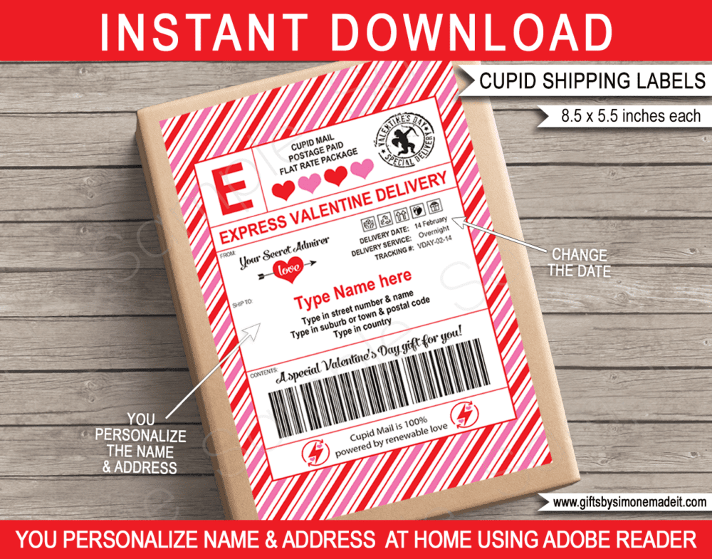 Printable Valentine Shipping Labels Template | Secret Admirer Gift Tags | USPS Style Mailing Labels | Name & Address Delivery Labels for Adults Older Kids | DIY Custom Editable Text | INSTANT DOWNLOAD via giftsbysimonemadeit.com