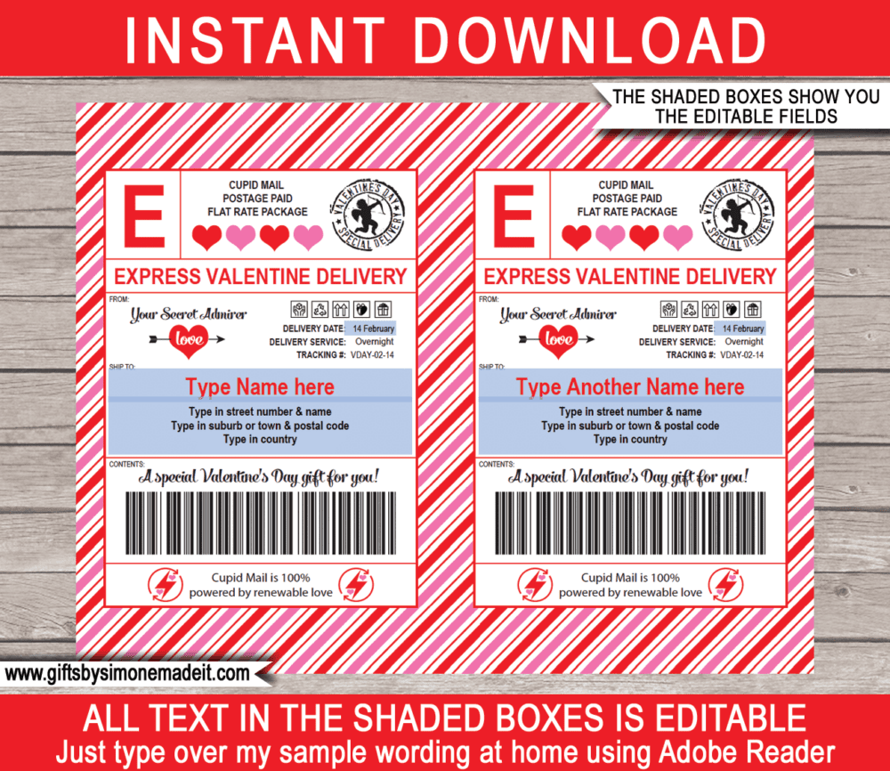 Printable Valentine Shipping Labels Template | Secret Admirer Gift Tags | USPS Style Mailing Labels | Name & Address Delivery Labels for Adults Older Kids | DIY Custom Editable Text | INSTANT DOWNLOAD via giftsbysimonemadeit.com