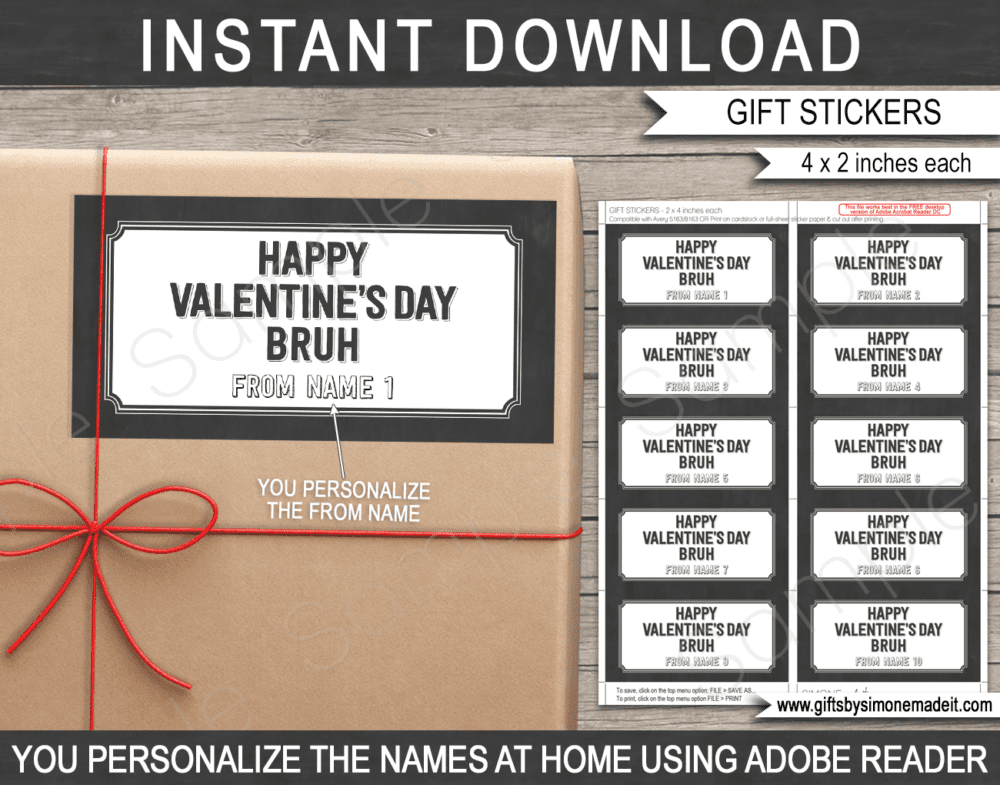 Happy Valentine's Day Bruh Stickers Template for older boys | Personalized Labels | Valentine Gift Labels Template | Teen Teenager Kids Tags Stickers | School Class Gift Idea | Children Valentine's Day Gifts | DIY Printable with Editable Text | INSTANT DOWNLOAD via giftsbysimonemadeit.com