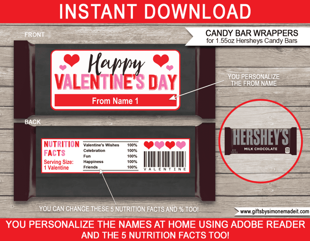 Printable Hersheys Valentine Candy Bar Wrappers Template | Personalized Labels | Easy Valentine's Day Gift Idea for Family, Kids, School Class, Classroom | DIY with Editable Text | INSTANT DOWNLOAD via giftsbysimonemadeit.com