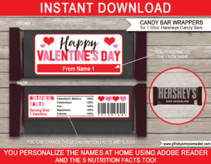 Printable Hersheys Valentine Candy Bar Wrappers Template | Personalized Labels | Easy Valentine's Day Gift Idea for Family, Kids, School Class, Classroom | DIY with Editable Text | INSTANT DOWNLOAD via giftsbysimonemadeit.com