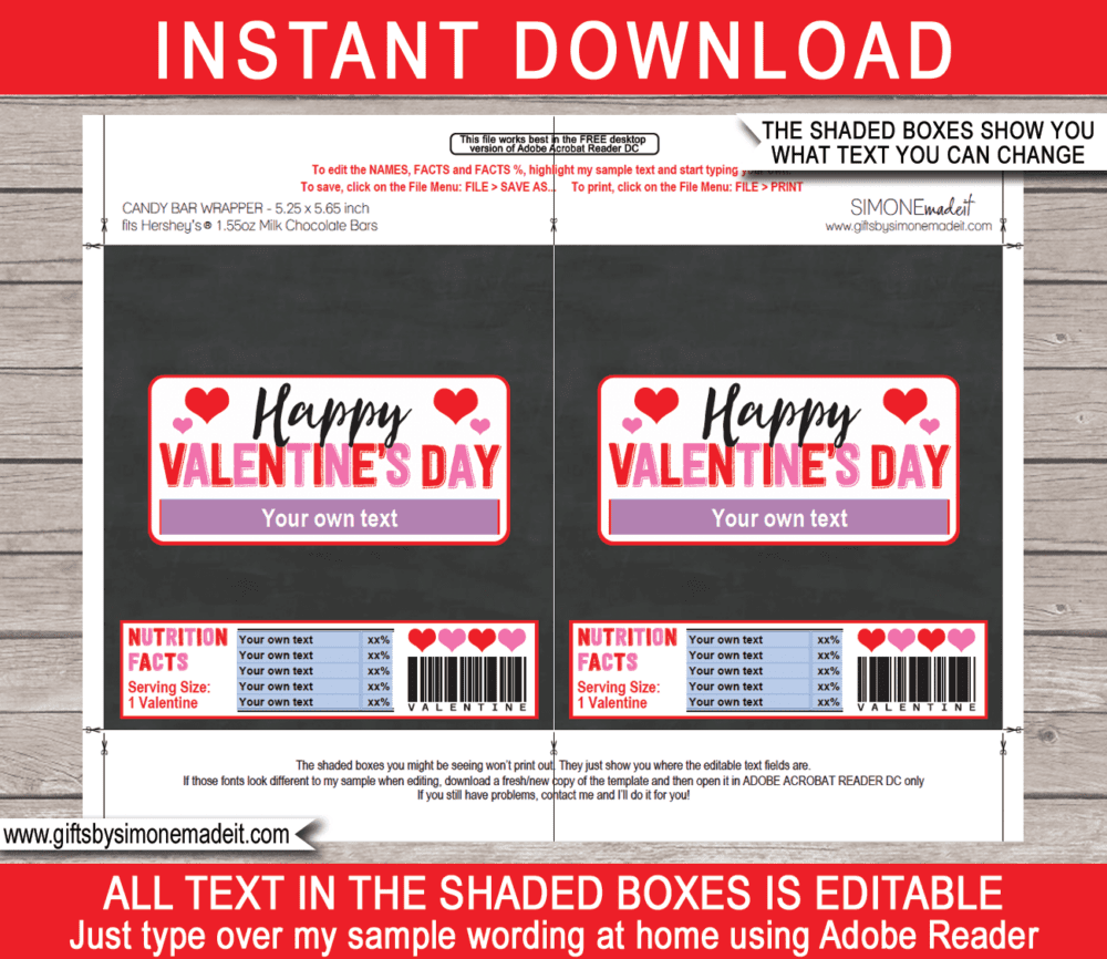 Hersheys Valentine Candy Bar Wrappers Template | Personalized Labels | Easy Valentine's Day Gift Idea for Family, Kids, School Class, Classroom | DIY with Editable Text | INSTANT DOWNLOAD via giftsbysimonemadeit.com