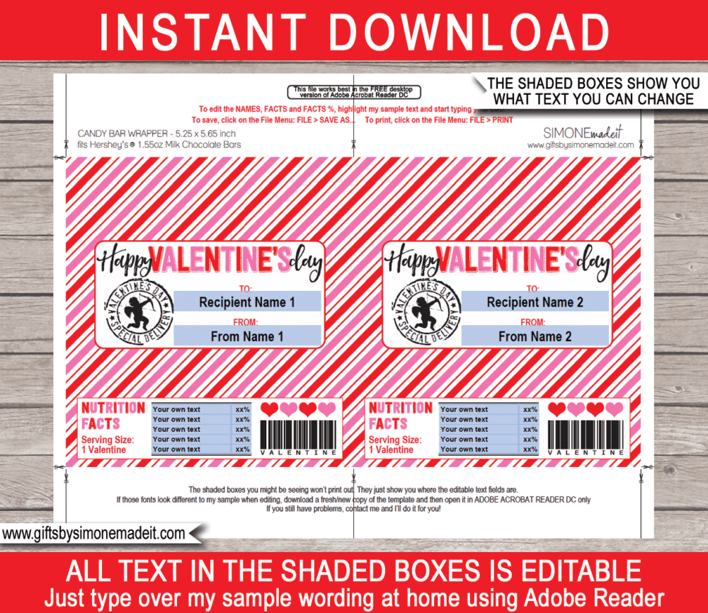 Printable Valentines Day Hersheys Candy Bar Wrappers Template | Personalized Label | Cheap Easy Valentine's Day Gift Idea for Family, Kids, School Class, Classroom | DIY with Editable Text | INSTANT DOWNLOAD via giftsbysimonemadeit.com