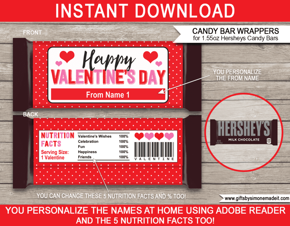 Printable Valentine Hersheys Candy Bar Wrappers Template | Personalized Labels | Easy Valentine's Day Gift Idea for Family, Kids, School Class, Classroom | DIY with Editable Text | INSTANT DOWNLOAD via giftsbysimonemadeit.com