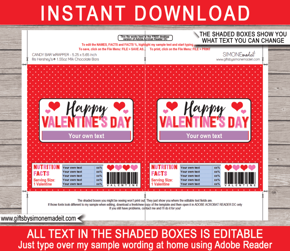Printable Valentine Hersheys Candy Bar Wrappers Template | Personalized Labels | Easy Valentine's Day Gift Idea for Family, Kids, School Class, Classroom | DIY with Editable Text | INSTANT DOWNLOAD via giftsbysimonemadeit.com